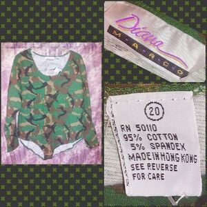 Diana Marco Green/Brown/Multicolor Camouflage Knit Bodysuit Sz 20 Y2K Vintage
